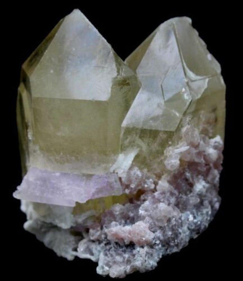 225 Gm Twin Smoky Quartz Points Crystals with Kunzite,Cleavlandite & Lepidolite@Afghan-69*60*40mm